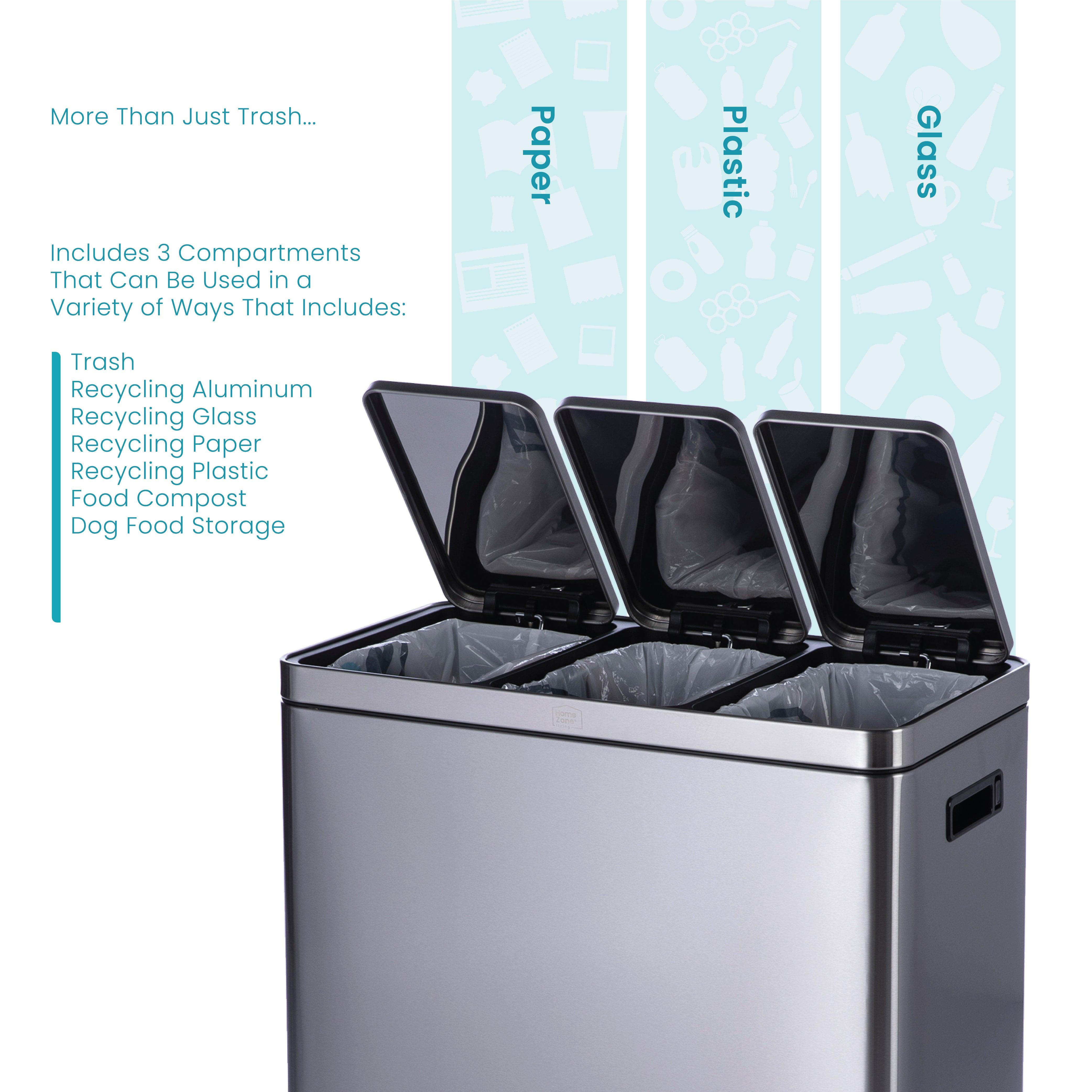16 Gallon Kitchen Trash Can with 3 Compartments for 60 Liter Total Capacity - Home Zone Living