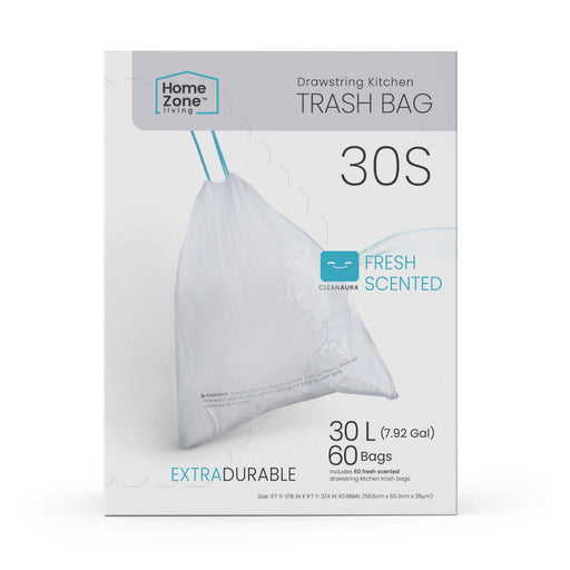 8 Gallon Kitchen Trash Bags with Drawstring Handles, Heavy Duty Custom Fit Design for Standard 30 Liter Kitchen Trash Cans, Code 30S, 60 Count - Home Zone Living